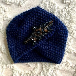 ❄️ turban style knit winter hat with beaded appliqué
